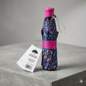 Misty Harbor Compact Pink Handle Women's Umbrella with Teardrop Print